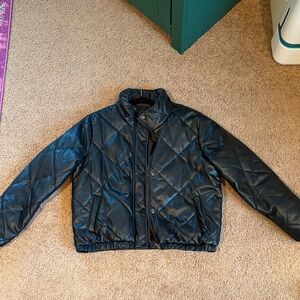 Black leather quilted bomber jacket